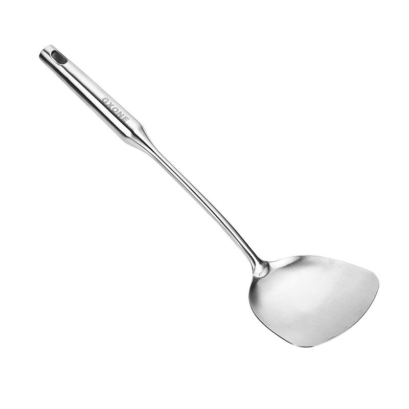 GXONE Wok Spatula Stainless Steel, Wide Metal Spatula with Hollow Long Handle Wok Utensils,Silver/14.7Inch - Image 1
